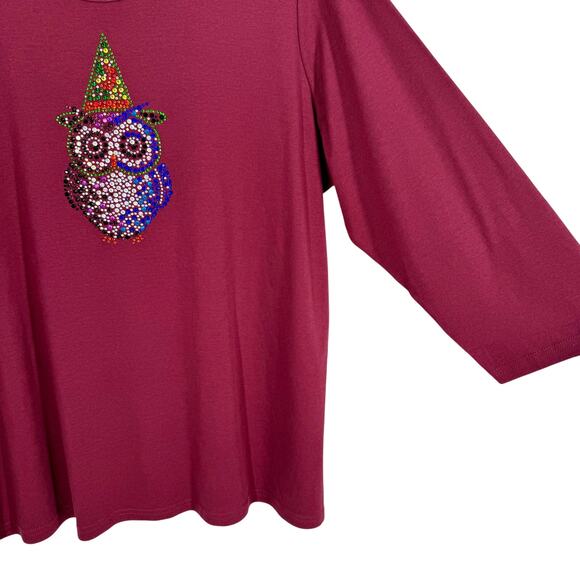 Quacker Factory Sz XL Maroon Halloween Witch Owl Wearable Art Blouse Shirt Top - Picture 5 of 8